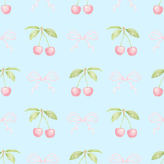 Obraz premium Cherries, bows. Watercolor seamless pattern in pastel colors for textiles and wrapping paper. Cute children's illustration