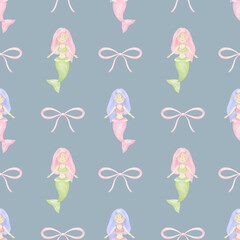 mermaid, bow. Watercolor seamless pattern in pastel colors for textile and wrapping paper. Cute underwater world illustration for kids