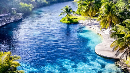 Obraz premium Tropical lagoon paradise, lush palms, turquoise water, tranquil beach, aerial view, ideal for travel brochures.