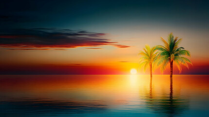 Tropical sunset over calm ocean, two palm trees reflected in water, peaceful background ideal for travel brochures.