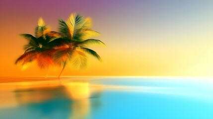 Tropical sunset beach with palm trees, calm ocean, idyllic vacation scene, perfect for travel brochures.