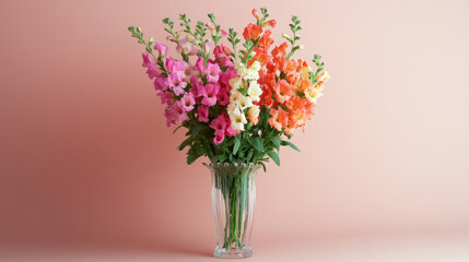 Fototapeta premium Colorful snapdragon bouquet in glass vase against pink background.