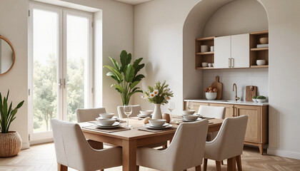Modern dining room with wooden table and elegant décor