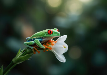 Naklejka premium Red-eyed tree frog sitting on a flower