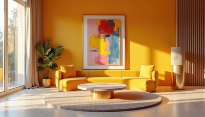 Bright and colorful art deco interior living room with a yellow sofa, a round coffee table, and a large abstract painting on the wall.