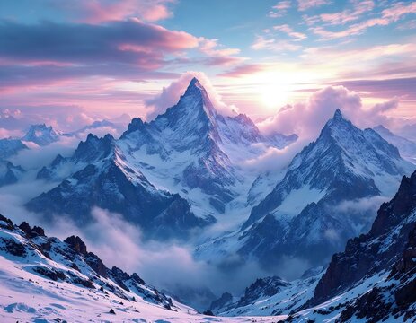 Majestic snow-capped mountain peaks, pink and purple sunset sky, dramatic clouds, ethereal mist, jagged rocky cliffs, alpine landscape