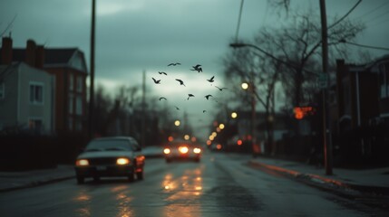 Birds in flight contrast with the early evening city lights, adding life to the urban dusk.