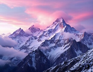 Obraz premium Majestic snow-capped mountain peaks, dramatic pink and purple sunset sky, ethereal clouds swirling around mountains