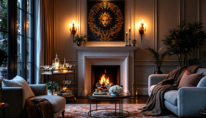 Art deco interior living room with a fireplace, a large painting above it, and a cozy atmosphere.