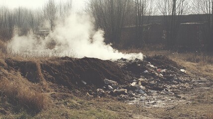 Smoke billowing from a pile of trash in a rural area. Possible stock photo use.