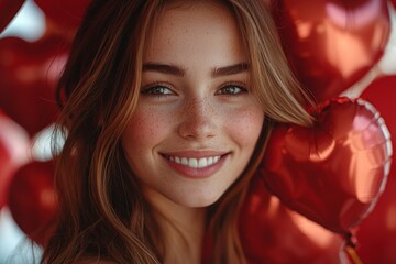 Naklejka premium Woman with red heart balloons in a studio setting, celebrating love and Valentine's Day