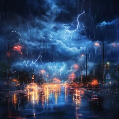 Fototapeta premium lightning storm on urban street reflection night
