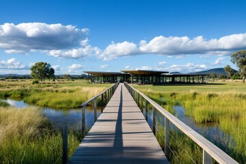Modern clubhouse boardwalk, wetland view, sunny day