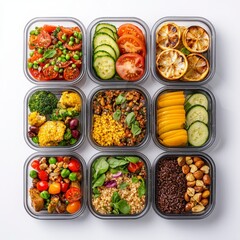 A colorful array of healthy meal prep options in transparent containers, showcasing a variety of vegetables, grains, and proteins.