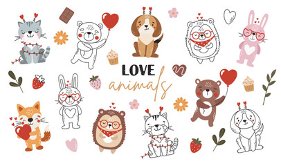Love animals set isolated, cute valentines animals, kids illustrations
