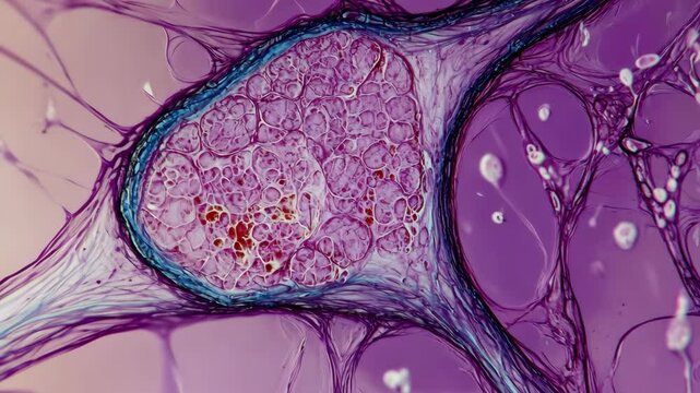 Examination of a cultured cell under a microscope showing intricate structures and cellular arrangements in detail