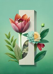 Fototapeta premium Beautiful floral arrangement featuring vibrant flowers and leaves with an artistic design set against a soft green background, capturing the essence of nature and creativity