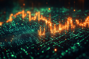 Obraz premium Digital Circuitry: A mesmerizing abstract digital landscape with glowing orange and green hues, symbolizing the intricate world of data processing and the power of technology. 