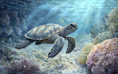 Obraz premium A curious sea turtle swimming gracefully near the ocean floor, surrounded by soft coral