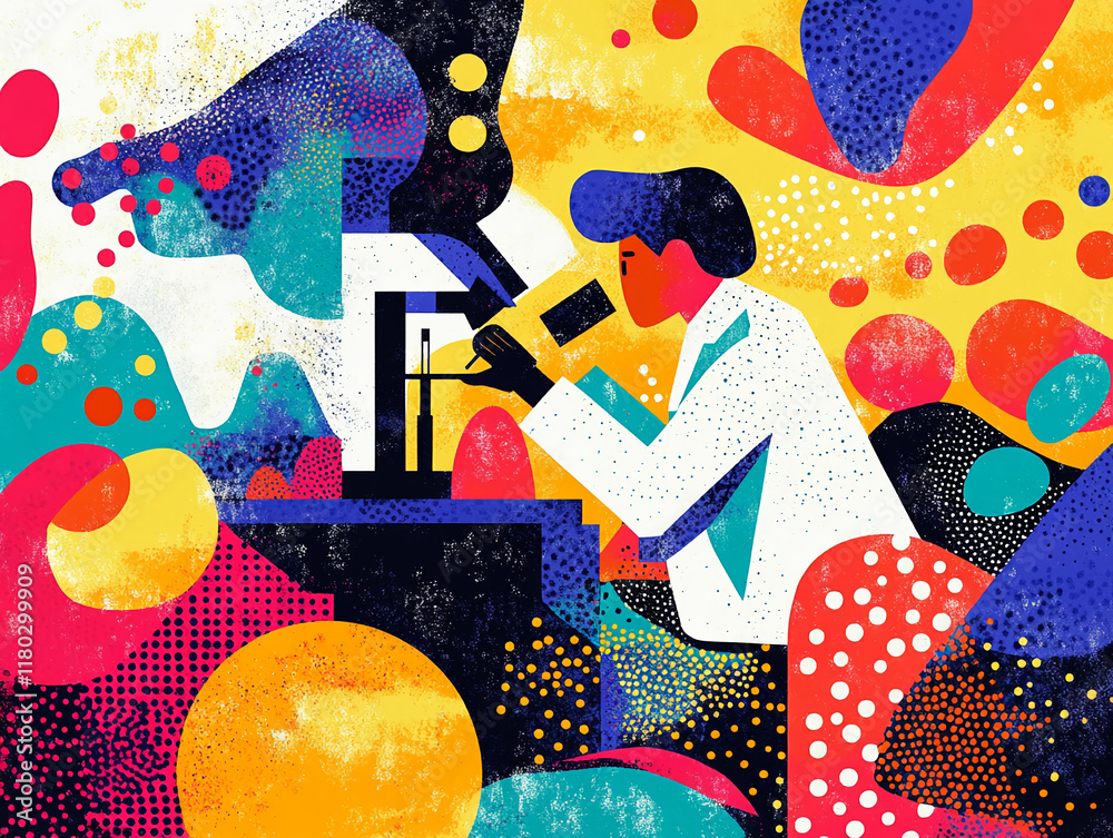 Aufkleber Abstract scientist working with a microscope in a vibrant artistic scene