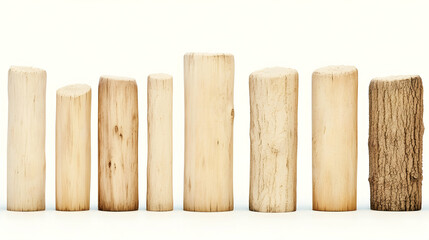 Wooden blocks, various heights and textures, arranged on white background;  ideal for educational or design projects.