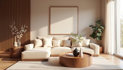 Modern art deco interior japandi living room with a large white sofa, a wooden coffee table, and a large window with white curtains.