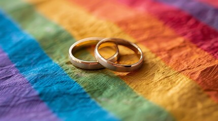 Two gold wedding rings resting on a rainbow lgbt flag symbolizing love and marriage equality