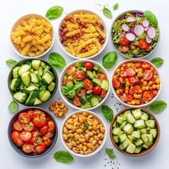 Colorful assortment of fresh salads and pasta in bowls, garnished with herbs, showcasing a variety of healthy ingredients.