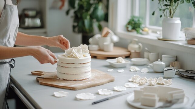 A baker decorates a luscious, white cake with delicate flowers in a sunlit kitchen, evoking warmth and artistry in her culinary creation.
