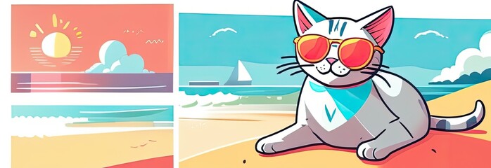 Naklejka premium Cat wearing sunglasses relaxing on the beach during a sunny day with a view of the ocean