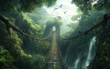 Fototapeta premium A hanging rope bridge stretching across a deep jungle ravine with birds flying overhead