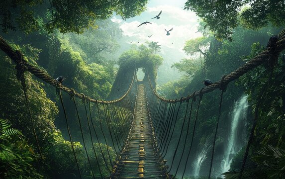 Fototapeta A hanging rope bridge stretching across a deep jungle ravine with birds flying overhead