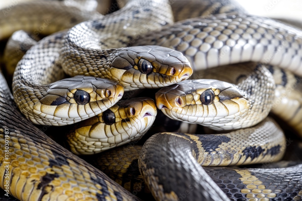 Poster a close-up shot of multiple snakes, potentially in a threatening or defensive posture