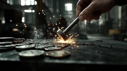 Obraz premium Sparks fly as a hand wields a hammer in a workshop, the intensity of the strike accentuated by the metallic glow and dynamic energy.