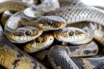 Obraz premium A close-up shot of multiple snakes, potentially in a threatening or defensive posture
