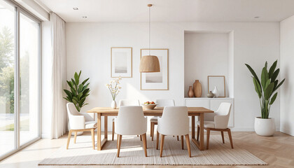 Modern dining room with wooden table and white chairs