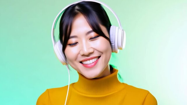 A young asian woman wearing white headphones smiles joyfully while listening to music on a soft green background