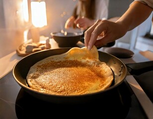 Une personne qui fait des crêpes dans sa cuisine, pour la chandeleur