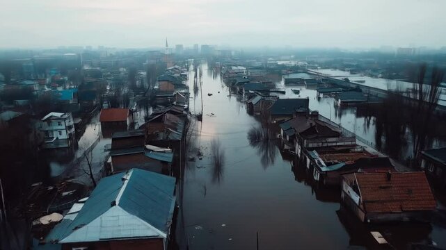 Aerial view of severe flooding in underdeveloped urban area with debris floating on the water