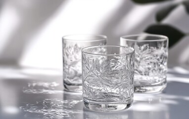 A set of transparent glass tumblers with artistic etchings on a bright white backdrop