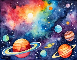 Naklejka premium Vibrant Watercolor Illustration of Planets and Stars in a Colorful Galaxy