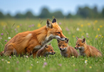Red fox with cub in natural habitat