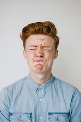 Obraz premium A young man with a disgusted facial expression wears a light blue denim shirt, standing against a plain white background, conveying emotions of displeasure or disapproval. 