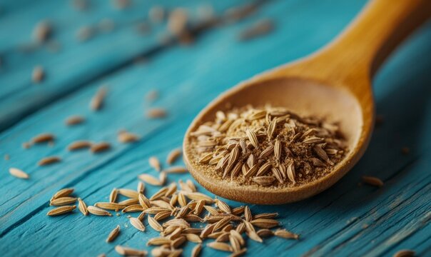 Close-up of a wooden spoon with ground cumin seeds, over a blue wooden surface.