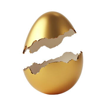 A broken golden egg shell with sharp edges, isolated on transparent background, symbolizing luxury, wealth, and opportunities. Easter concept
