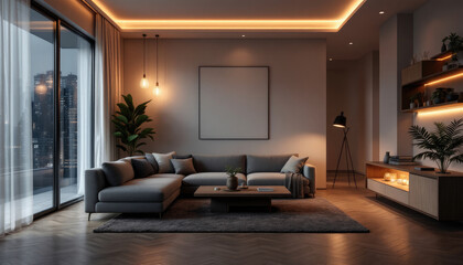 Cozy modern living room night with a large sectional sofa, a coffee table, and a large window overlooking a city skyline.