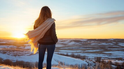 Woman watching sunset, snowy hills, winter landscape, travel