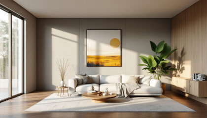 Modern japandi living room with a large window, a white sofa, a coffee table, and a painting on the wall.
