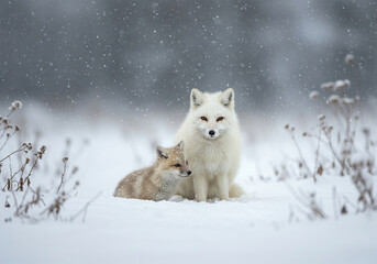 Obraz premium White cute fox with cub outdoors covered in snow