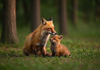 Obraz premium Red fox with cub in natural habitat